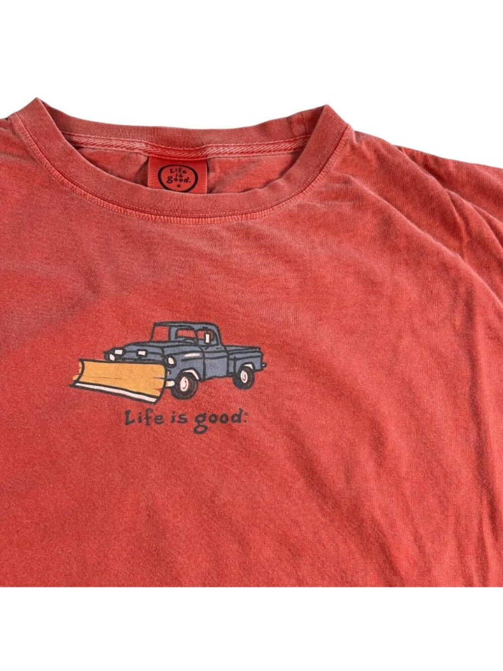 Life Is Good Long Sleeve Shirt Mens L Orange Red Plow Truck Graphic Cozy Comfort